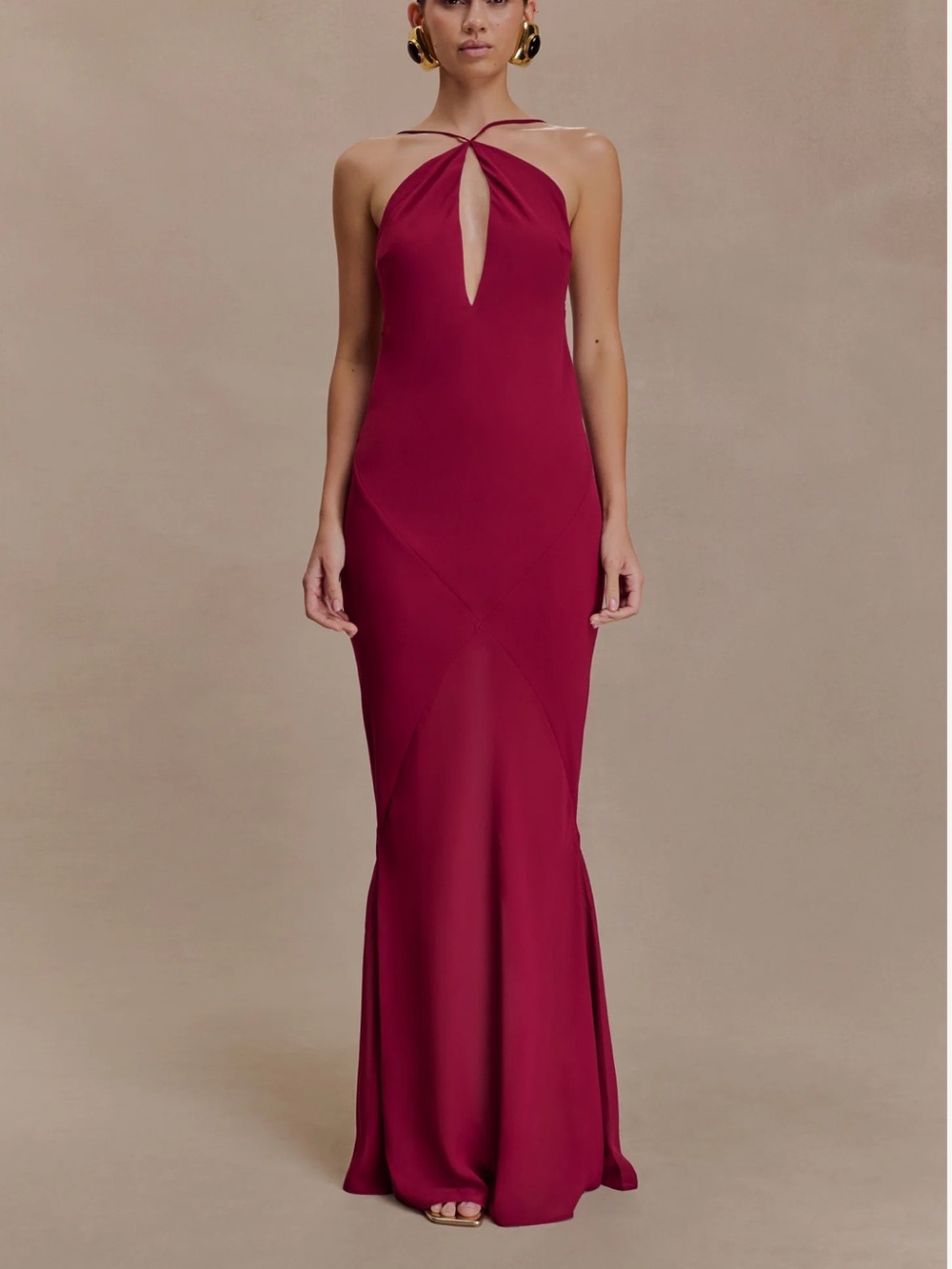 Meshki Wine Red Halter Keyhole Maxi Dress Nerea